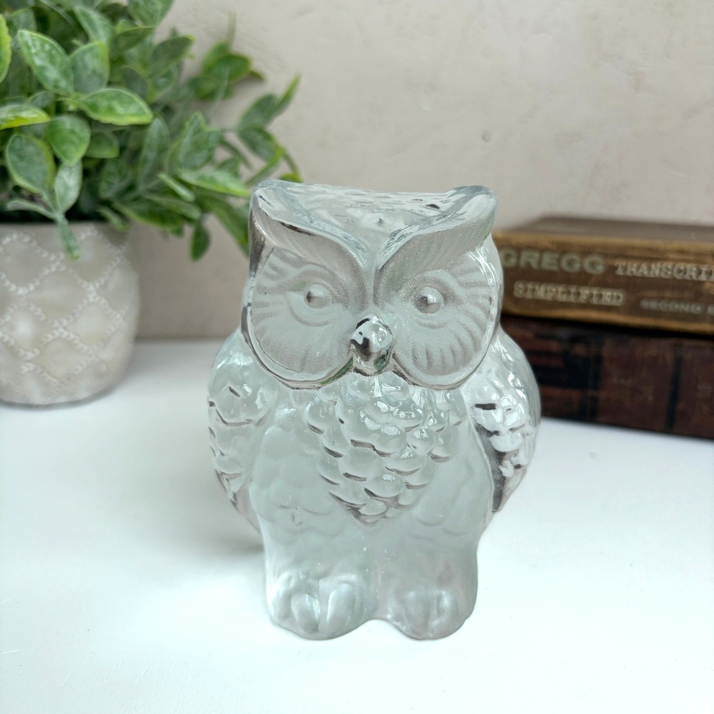 Viking Glass Owl Figurine Hand Made Clear Textured Glass Paperweight Vintage